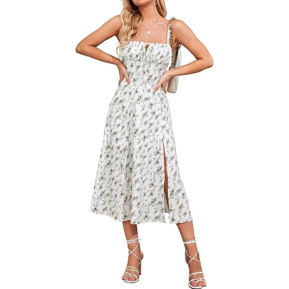 Women White Going Out A Line Casual Sundress Floral Midi Corset Dress